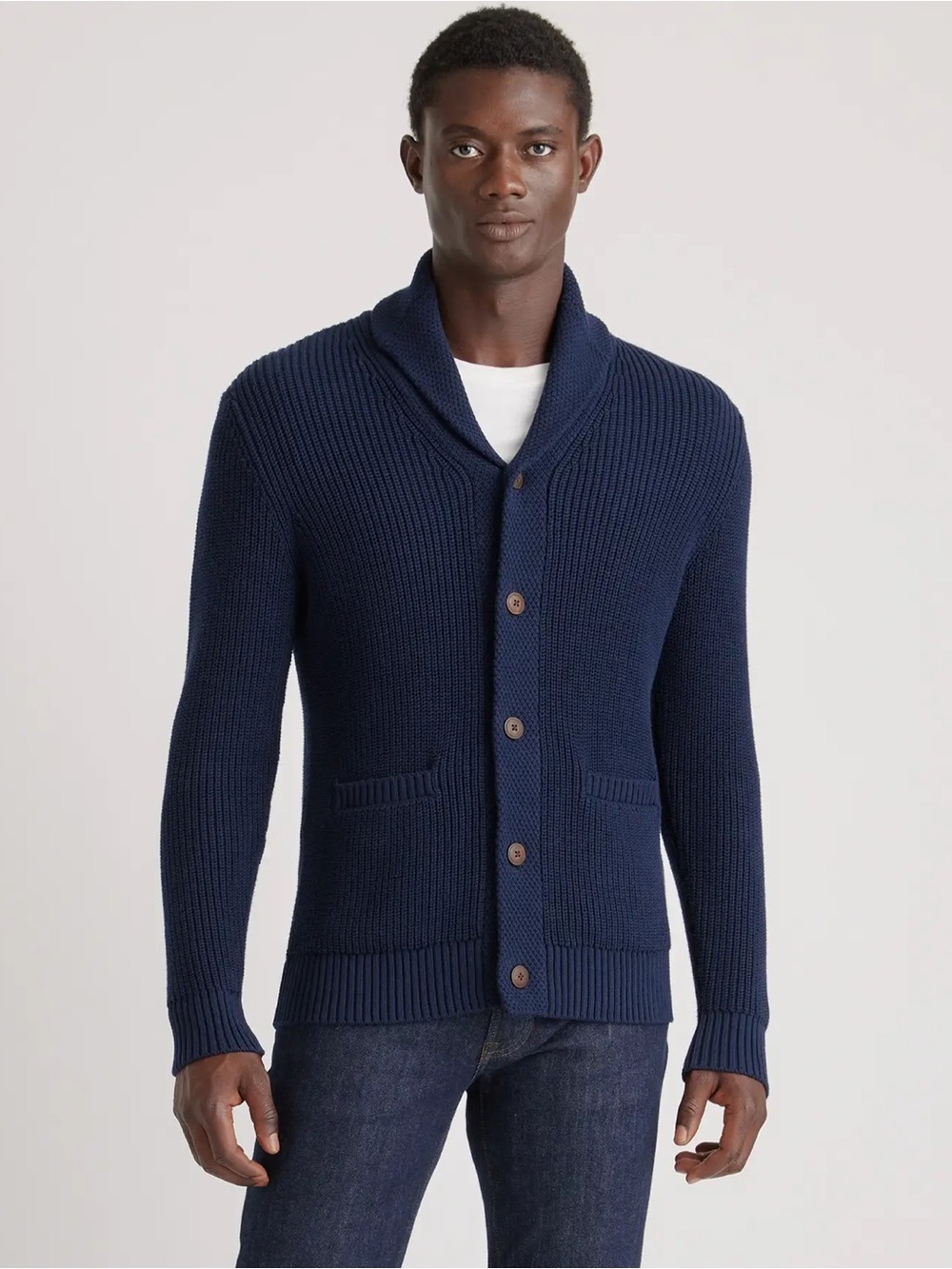 Quince Men’s 100% Organic Cotton Shawl-Collar Cardigan Sweater Navy Medium